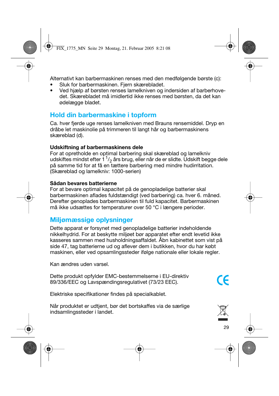 Hold din barbermaskine i topform, Miljømæssige oplysninger | Braun 1775 FreeControl User Manual | Page 28 / 57