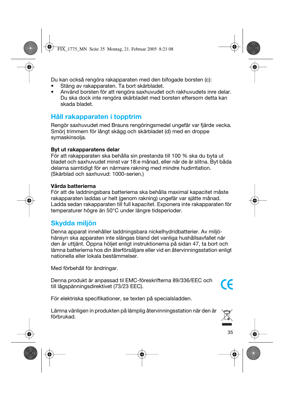 Håll rakapparaten i topptrim, Skydda miljön | Braun 1775 FreeControl User Manual | Page 34 / 57