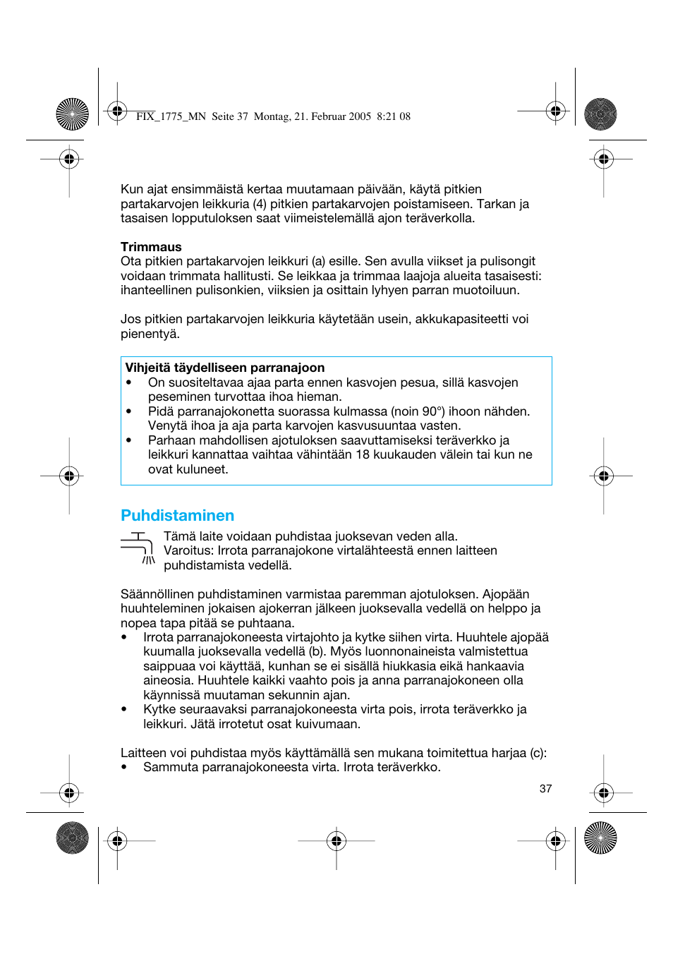 Puhdistaminen | Braun 1775 FreeControl User Manual | Page 36 / 57
