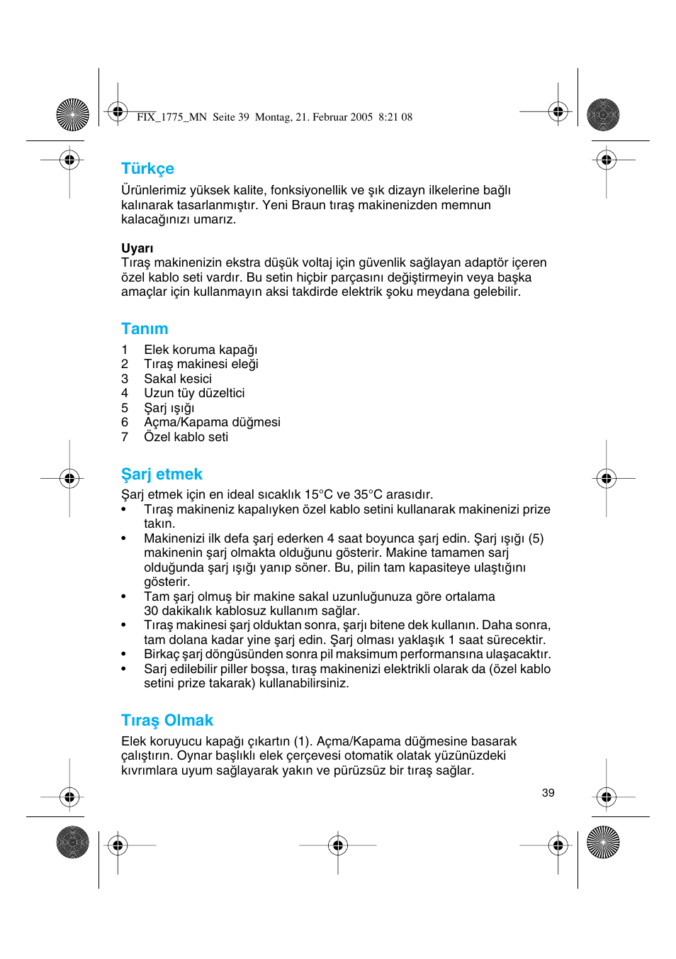 Türkçe, Tanım, Ωarj etmek | Tıraµ olmak | Braun 1775 FreeControl User Manual | Page 38 / 57
