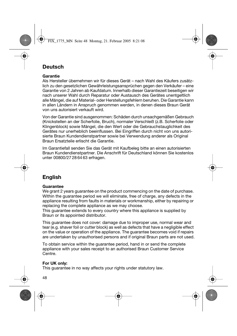 Deutsch, English | Braun 1775 FreeControl User Manual | Page 47 / 57