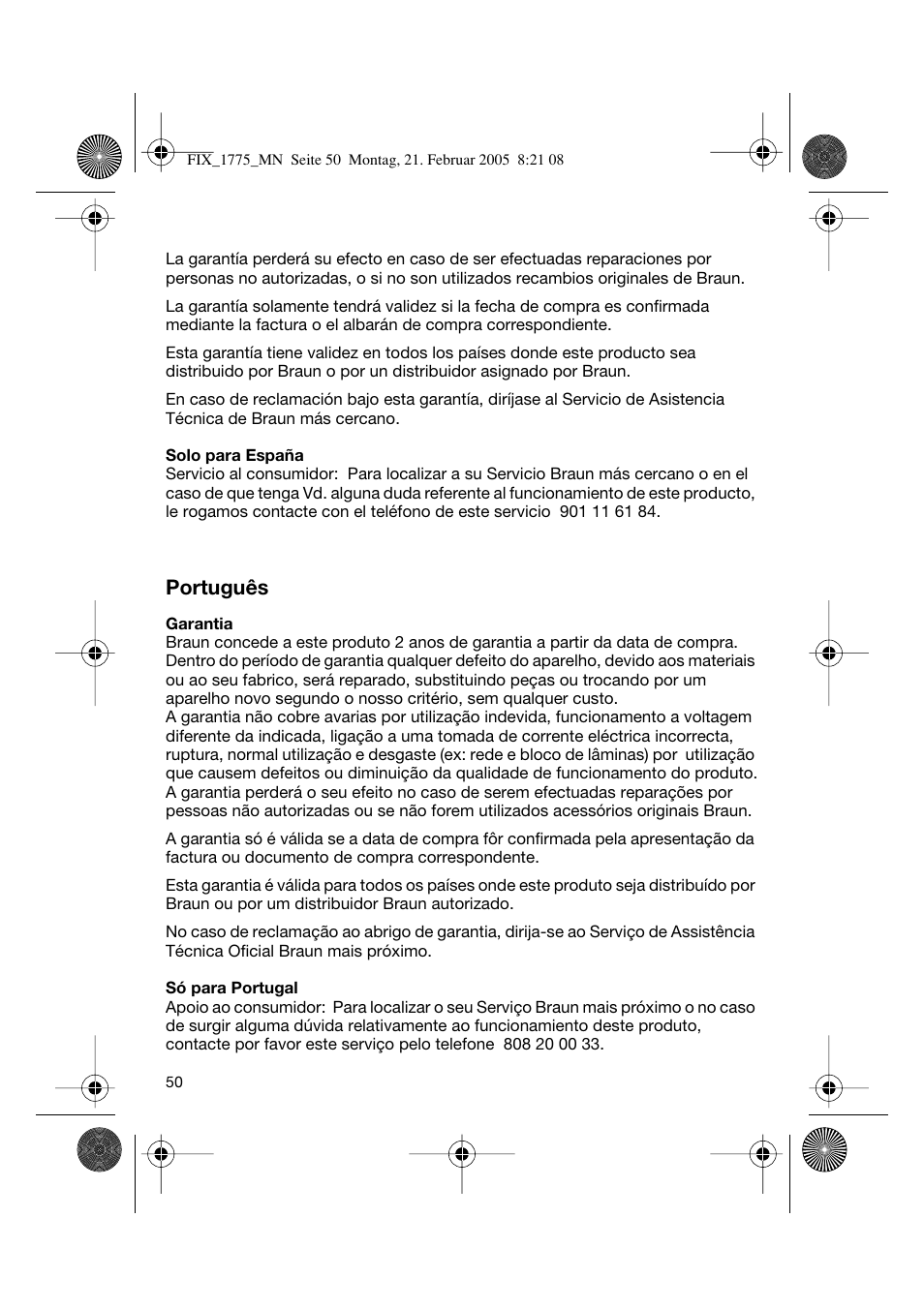 Português | Braun 1775 FreeControl User Manual | Page 49 / 57