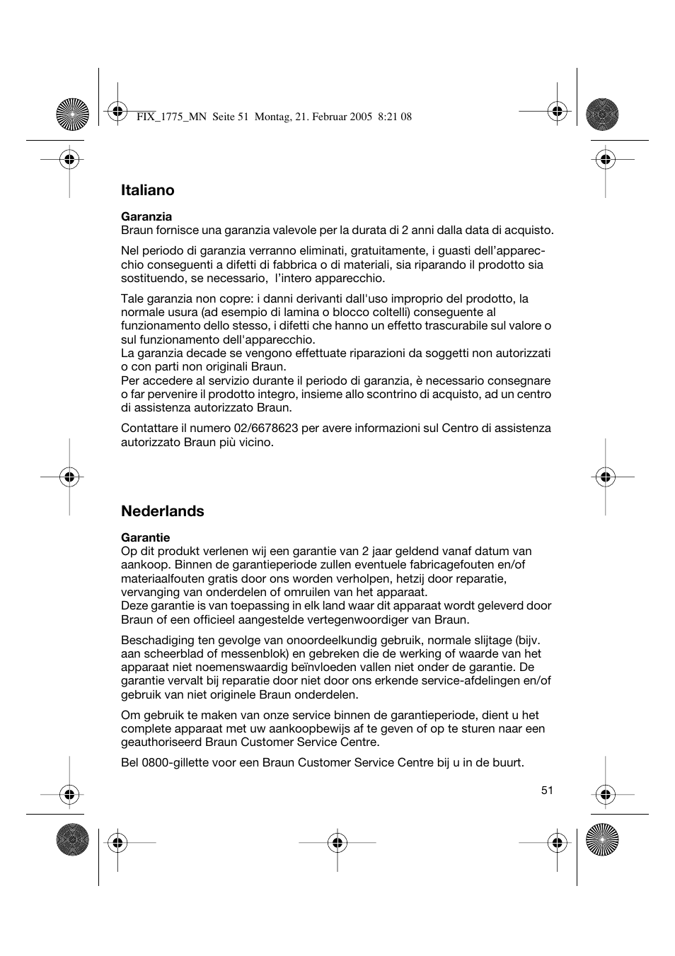 Italiano, Nederlands | Braun 1775 FreeControl User Manual | Page 50 / 57