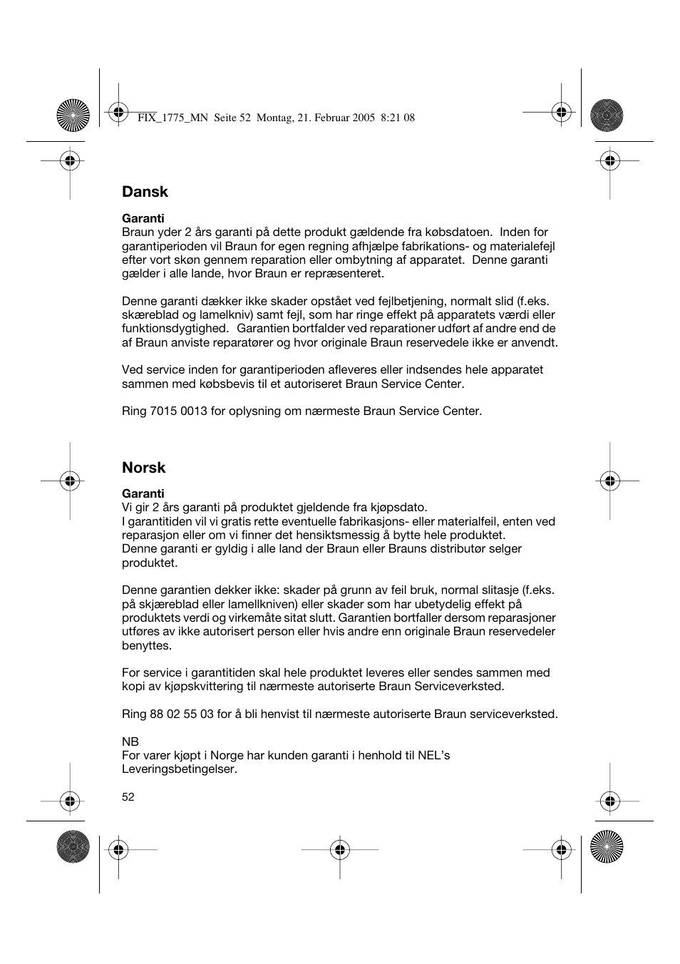 Dansk, Norsk | Braun 1775 FreeControl User Manual | Page 51 / 57