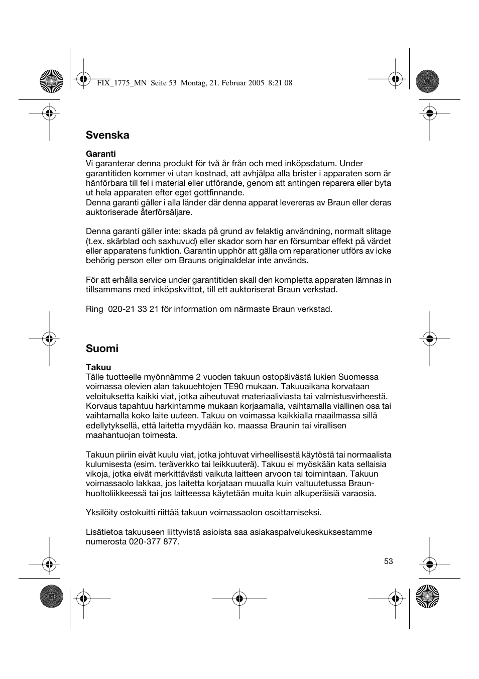 Svenska, Suomi | Braun 1775 FreeControl User Manual | Page 52 / 57