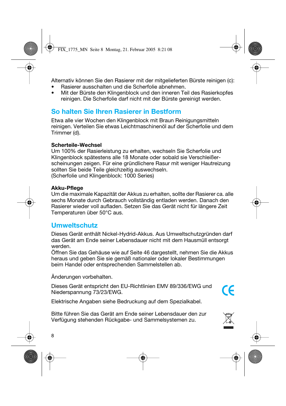 So halten sie ihren rasierer in bestform, Umweltschutz | Braun 1775 FreeControl User Manual | Page 7 / 57