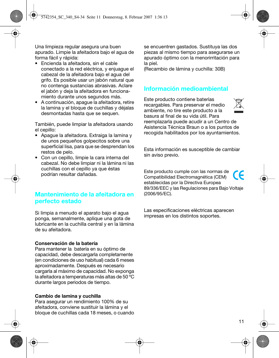 Mantenimiento de la afeitadora en perfecto estado, Información medioambiental | Braun 340 Series 3 User Manual | Page 11 / 33