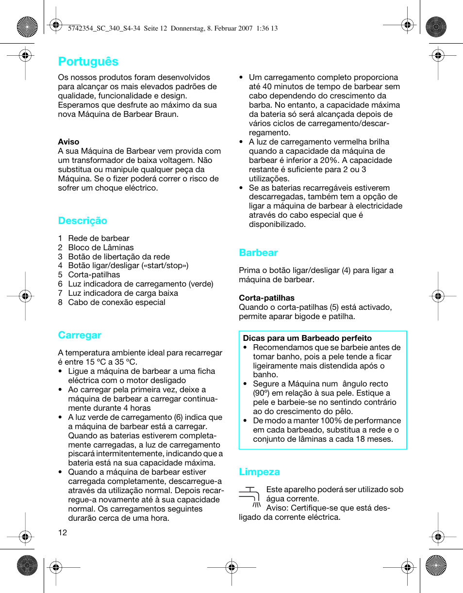 Português, Descrição, Carregar | Barbear, Limpeza | Braun 340 Series 3 User Manual | Page 12 / 33