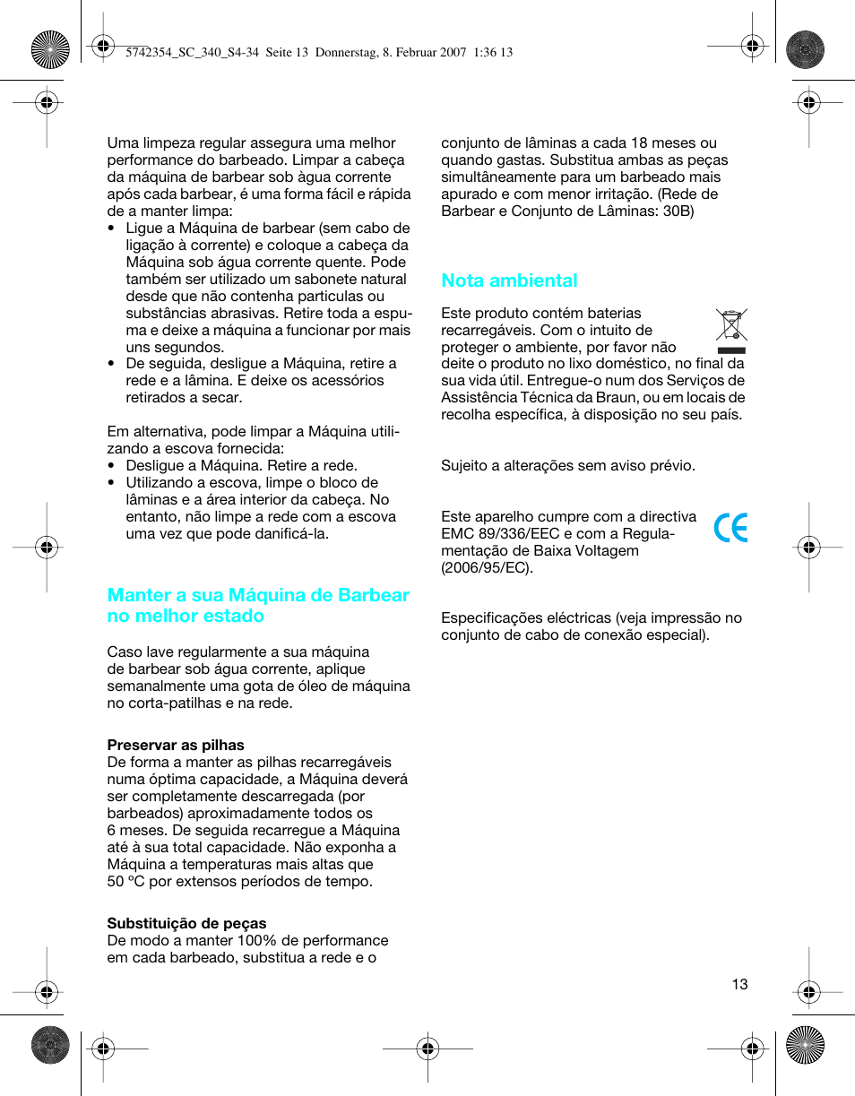 Manter a sua máquina de barbear no melhor estado, Nota ambiental | Braun 340 Series 3 User Manual | Page 13 / 33