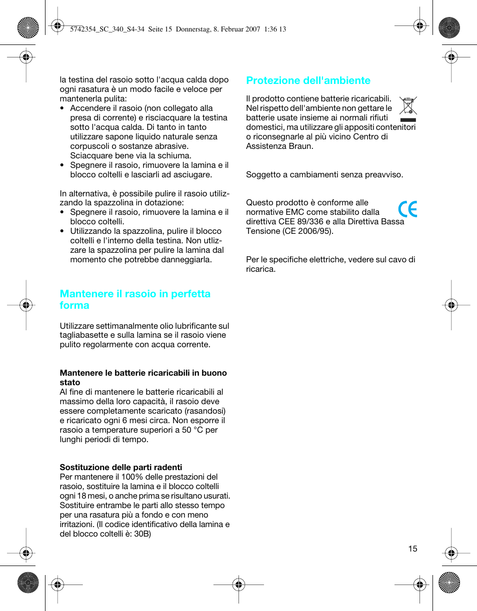 Mantenere il rasoio in perfetta forma, Protezione dell'ambiente | Braun 340 Series 3 User Manual | Page 15 / 33