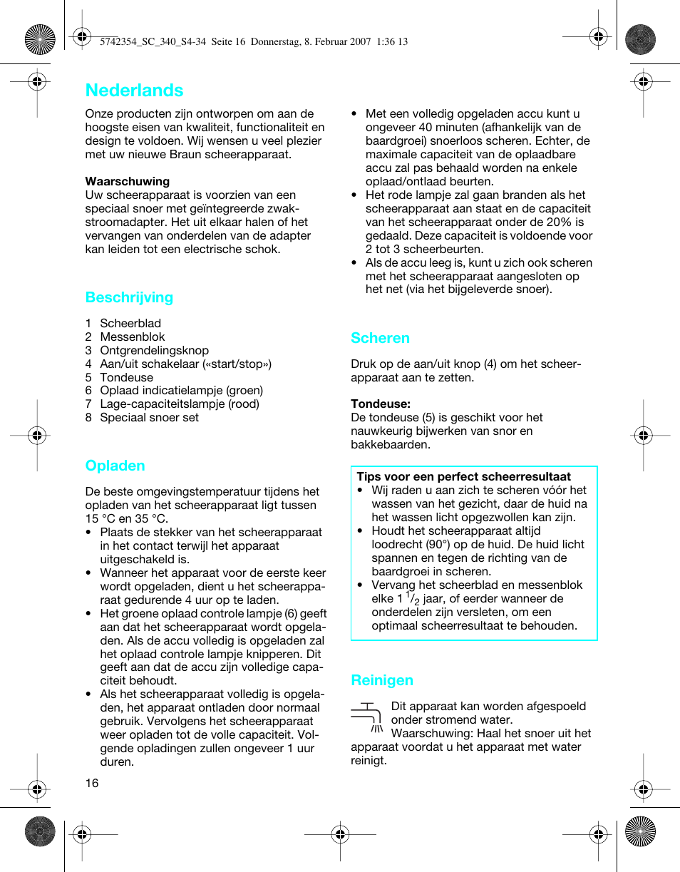 Nederlands, Beschrijving, Opladen | Scheren, Reinigen | Braun 340 Series 3 User Manual | Page 16 / 33