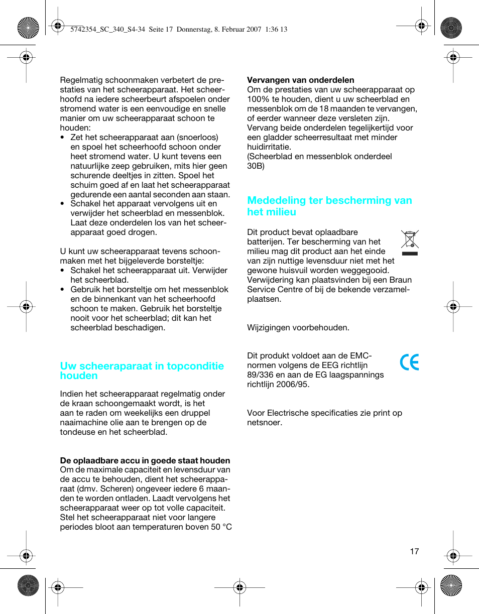 Uw scheeraparaat in topconditie houden, Mededeling ter bescherming van het milieu | Braun 340 Series 3 User Manual | Page 17 / 33