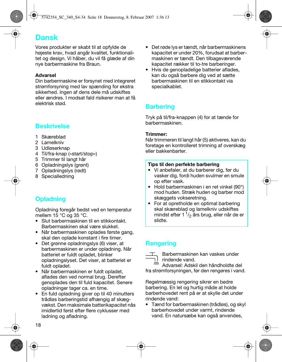 Dansk, Beskrivelse, Opladning | Barbering, Rengøring | Braun 340 Series 3 User Manual | Page 18 / 33