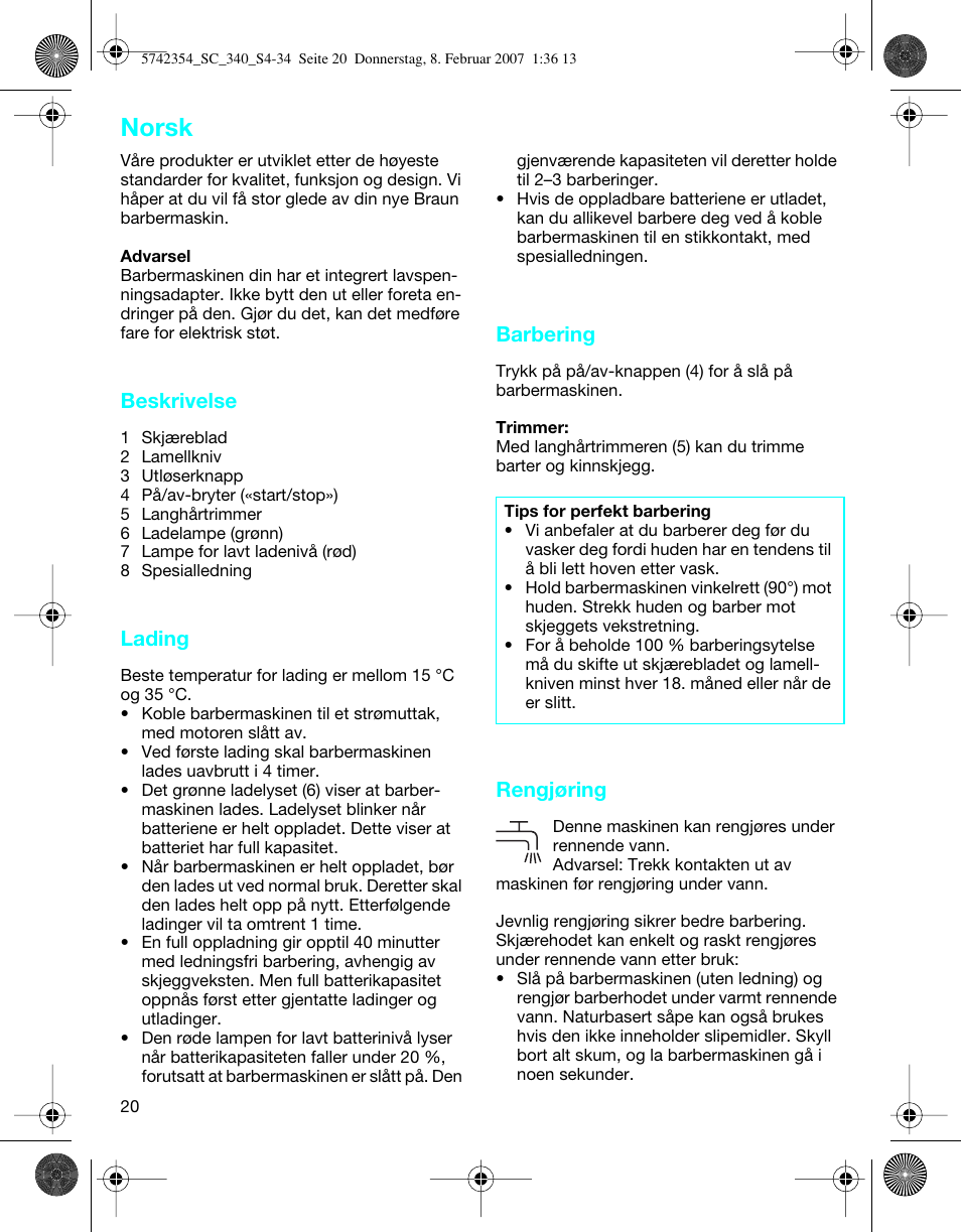 Norsk, Beskrivelse, Lading | Barbering, Rengjøring | Braun 340 Series 3 User Manual | Page 20 / 33
