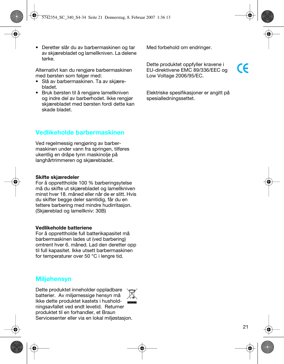 Vedlikeholde barbermaskinen, Miljøhensyn | Braun 340 Series 3 User Manual | Page 21 / 33