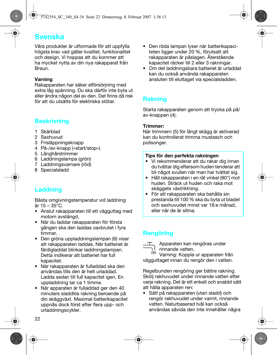 Svenska, Beskrivning, Laddning | Rakning, Rengöring | Braun 340 Series 3 User Manual | Page 22 / 33
