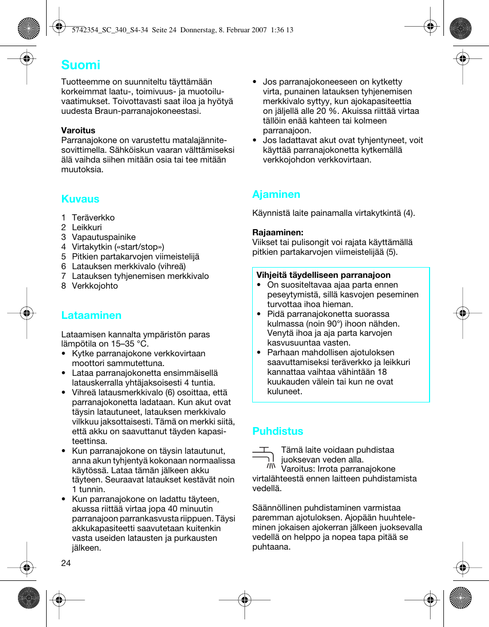 Suomi, Kuvaus, Lataaminen | Ajaminen, Puhdistus | Braun 340 Series 3 User Manual | Page 24 / 33