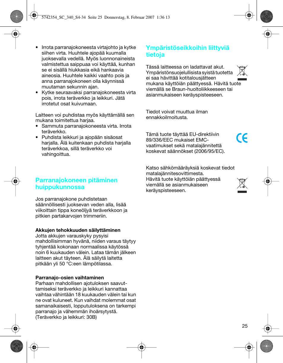 Parranajokoneen pitäminen huippukunnossa, Ympäristöseikkoihin liittyviä tietoja | Braun 340 Series 3 User Manual | Page 25 / 33