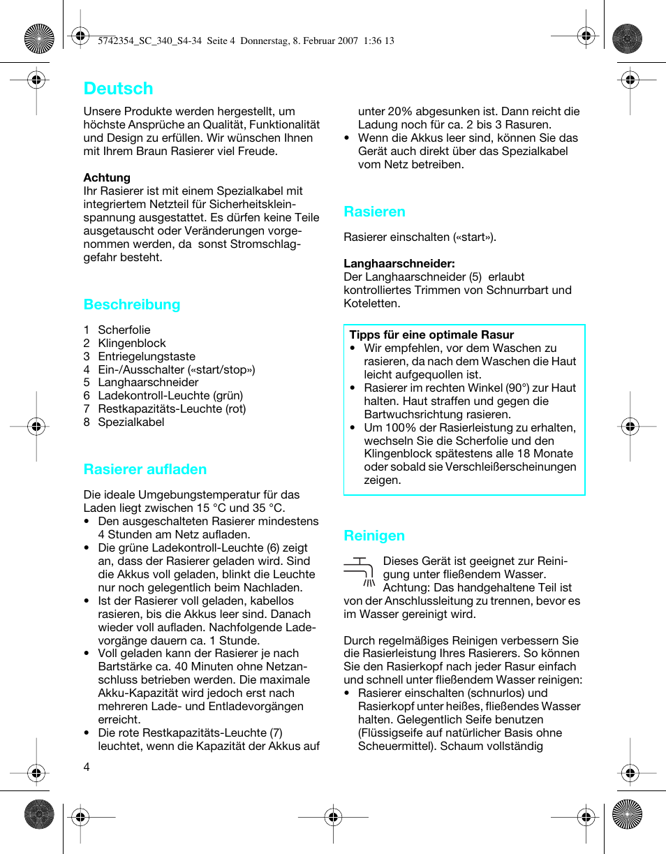 Deutsch, Beschreibung, Rasierer aufladen | Rasieren, Reinigen | Braun 340 Series 3 User Manual | Page 4 / 33