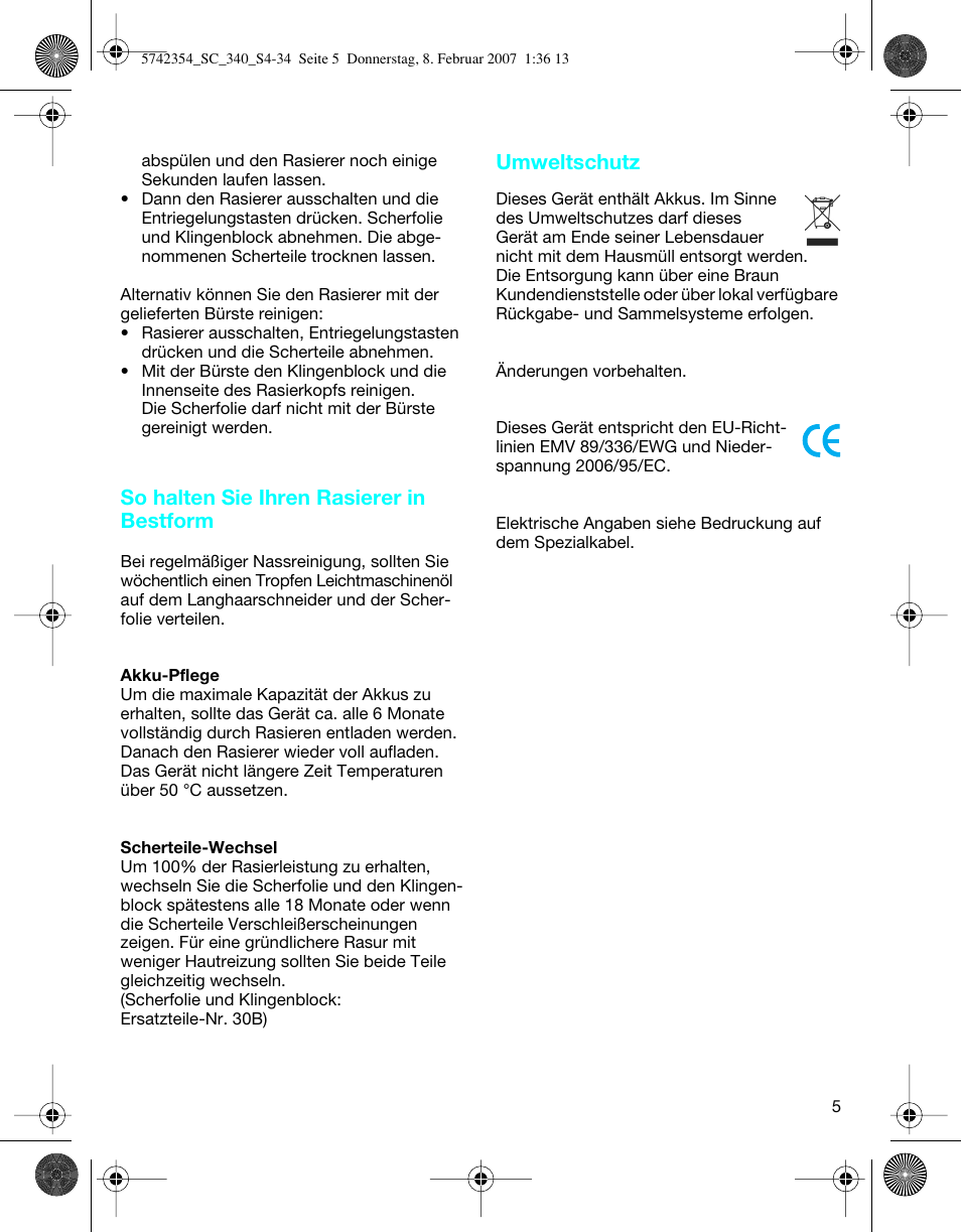 So halten sie ihren rasierer in bestform, Umweltschutz | Braun 340 Series 3 User Manual | Page 5 / 33