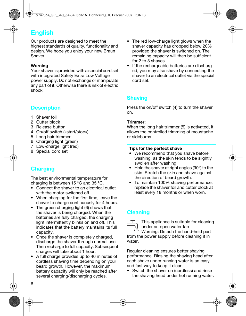 English, Description, Charging | Shaving, Cleaning | Braun 340 Series 3 User Manual | Page 6 / 33