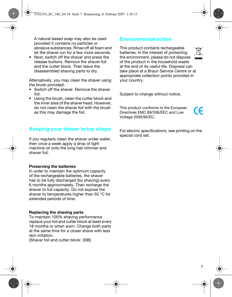 Keeping your shaver in top shape, Environmental notice | Braun 340 Series 3 User Manual | Page 7 / 33