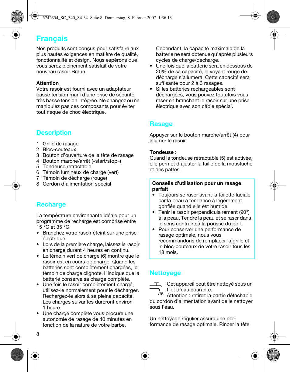 Français, Description, Recharge | Rasage, Nettoyage | Braun 340 Series 3 User Manual | Page 8 / 33