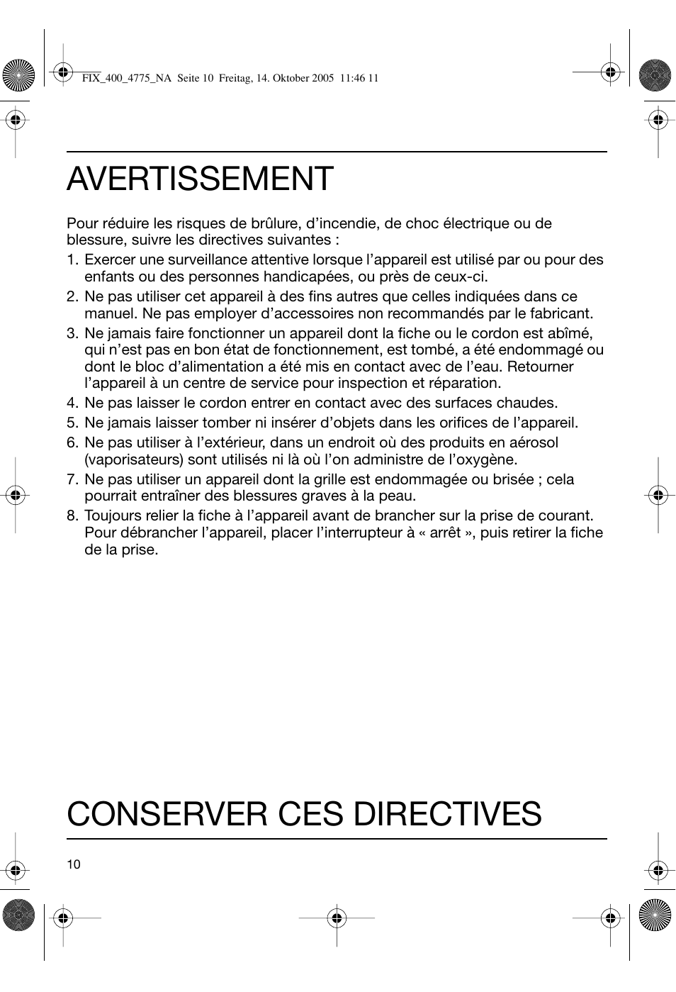 Avertissement, Conserver ces directives | Braun 4775 SmartControl3 User Manual | Page 10 / 18