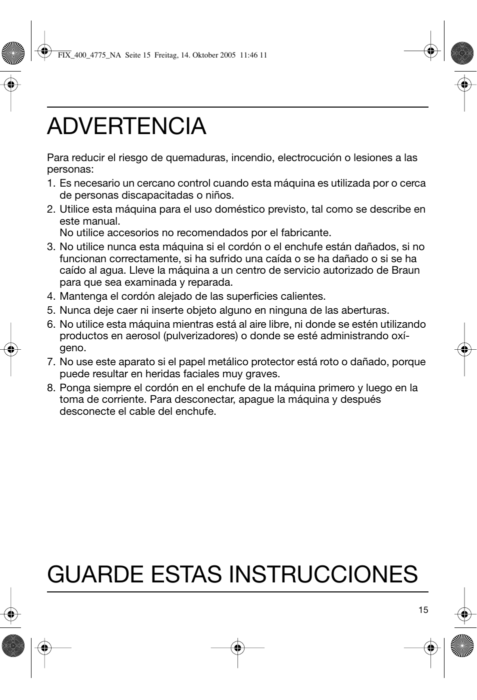 Advertencia, Guarde estas instrucciones | Braun 4775 SmartControl3 User Manual | Page 15 / 18