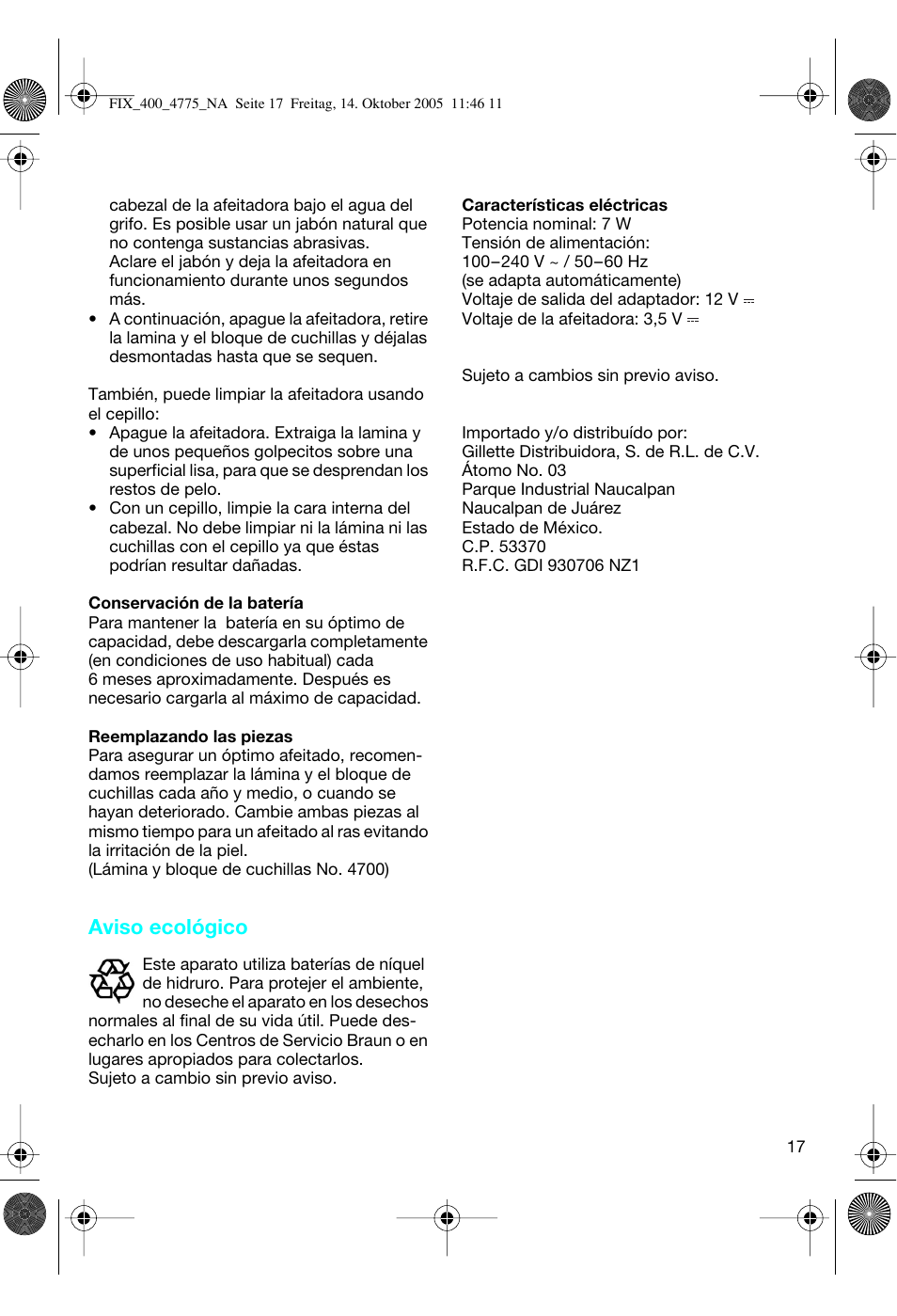 Aviso ecológico | Braun 4775 SmartControl3 User Manual | Page 17 / 18