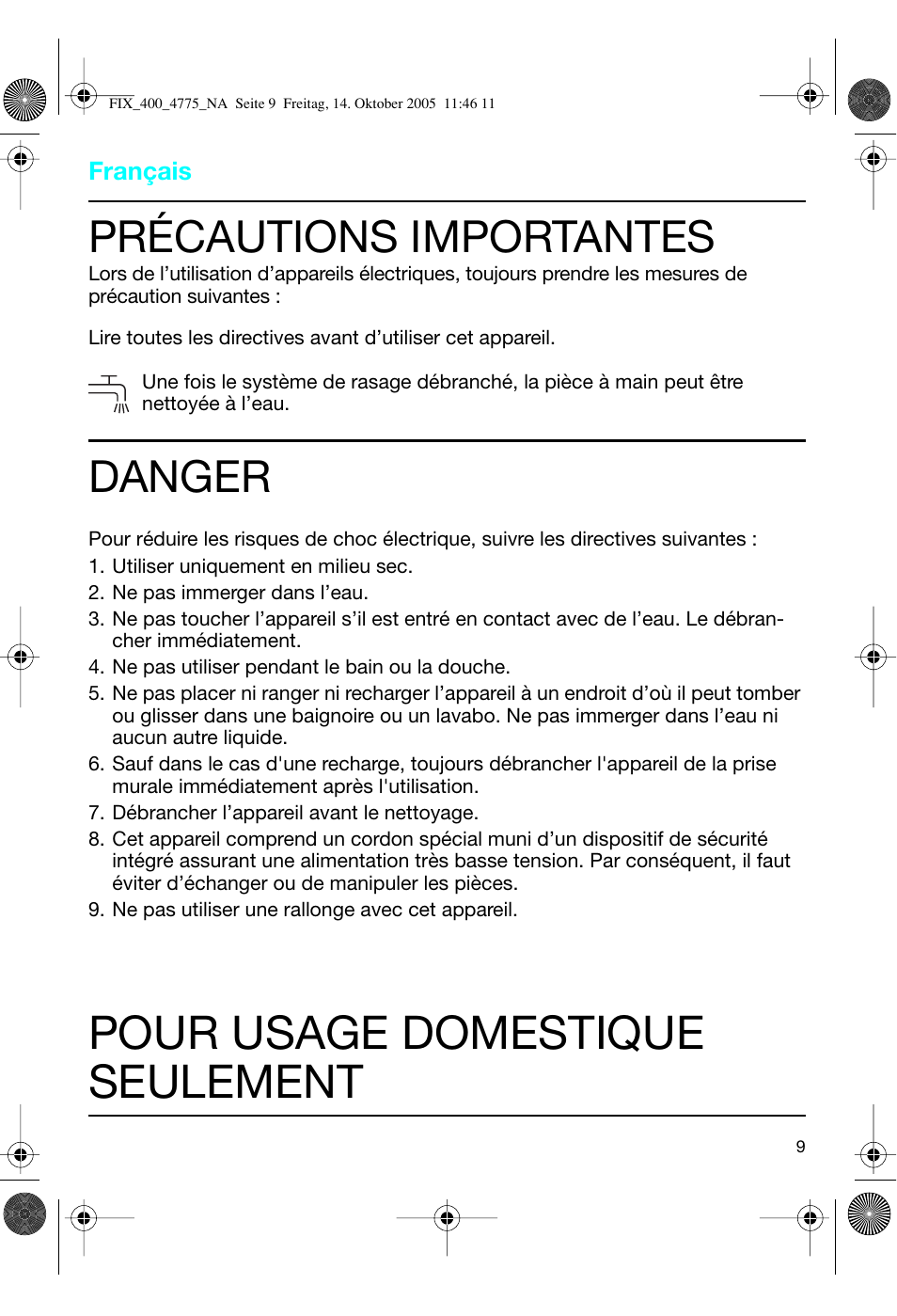 Pour usage domestique seulement, Précautions importantes, Danger | Braun 4775 SmartControl3 User Manual | Page 9 / 18