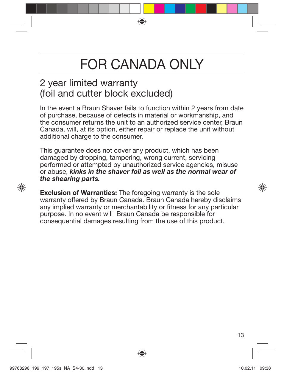 For canada only | Braun 199s-1 Series 1 User Manual | Page 13 / 30
