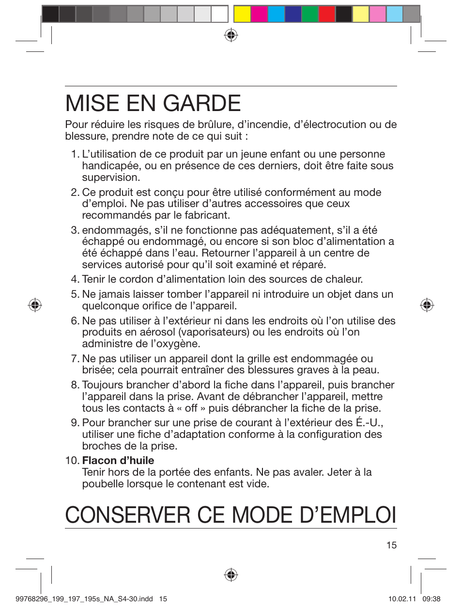 Mise en garde, Conserver ce mode d’emploi | Braun 199s-1 Series 1 User Manual | Page 15 / 30