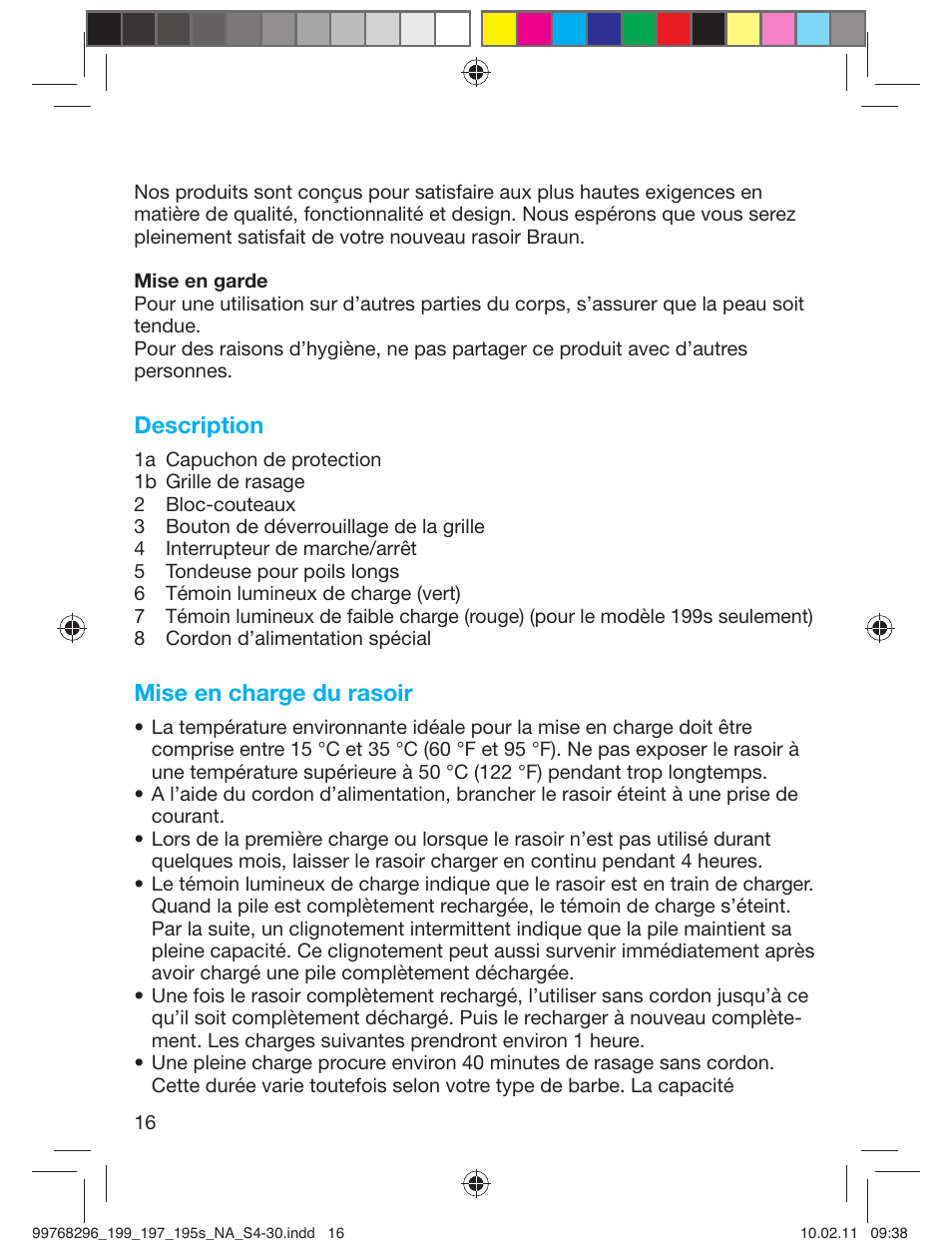 Description, Mise en charge du rasoir | Braun 199s-1 Series 1 User Manual | Page 16 / 30