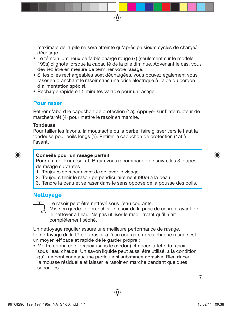 Pour raser, Nettoyage | Braun 199s-1 Series 1 User Manual | Page 17 / 30