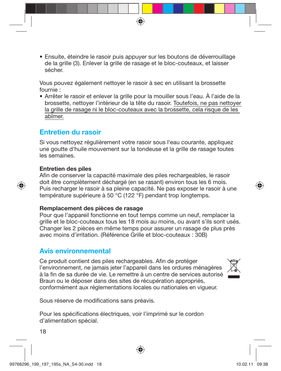 Entretien du rasoir, Avis environnemental | Braun 199s-1 Series 1 User Manual | Page 18 / 30