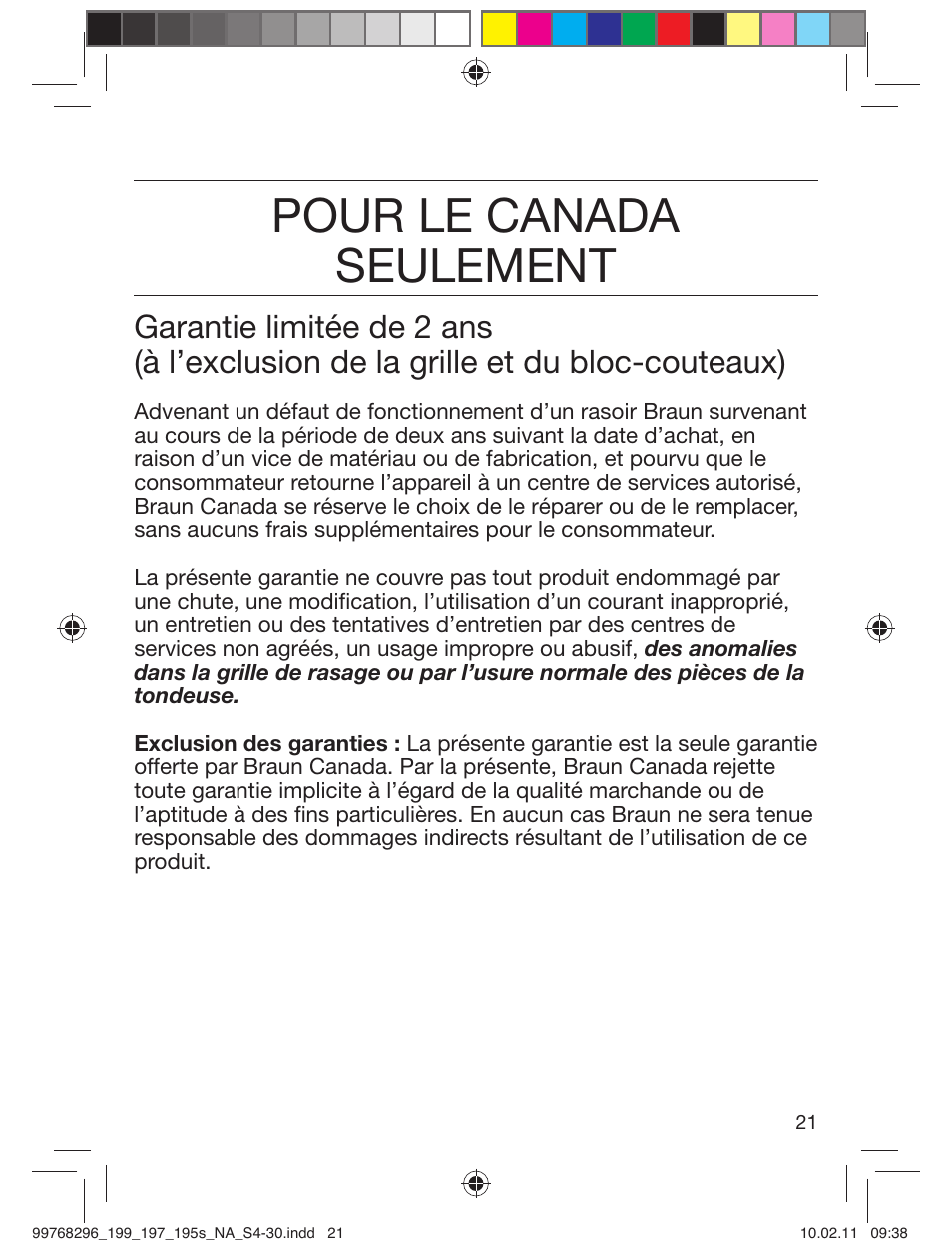 Pour le canada seulement | Braun 199s-1 Series 1 User Manual | Page 21 / 30
