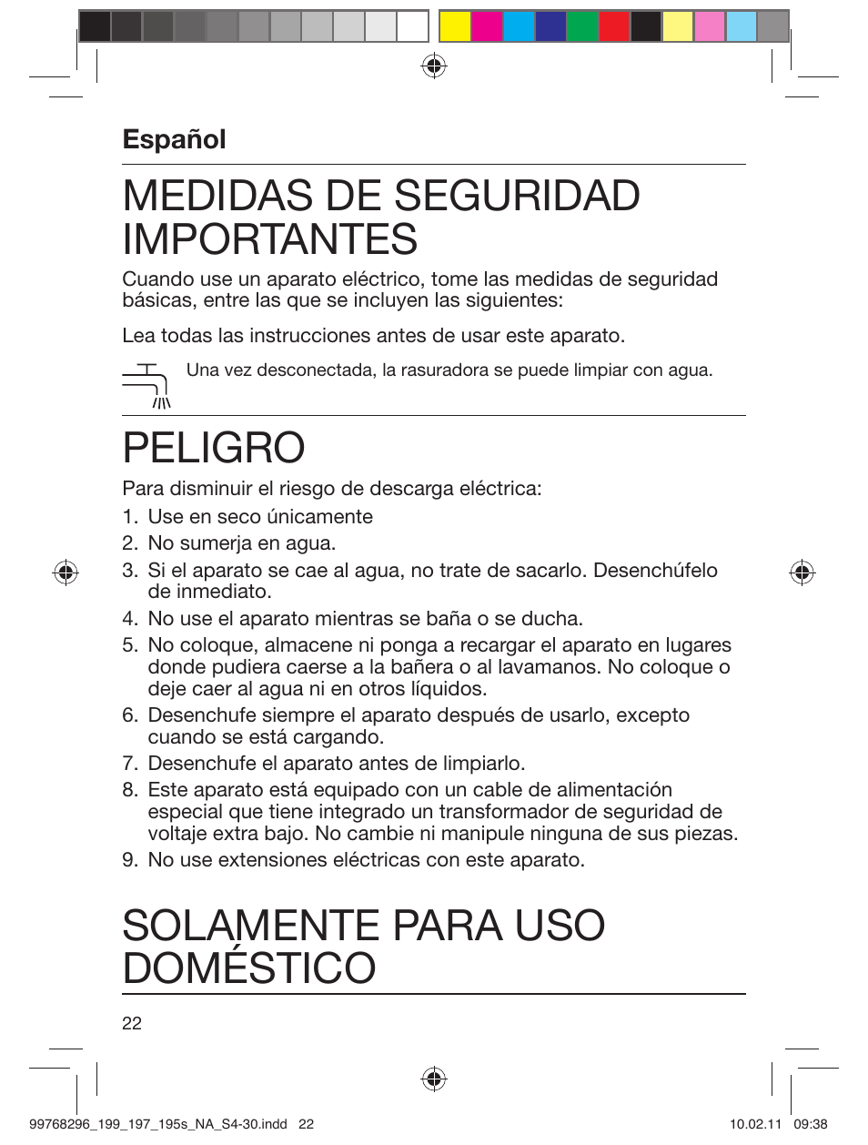 Medidas de seguridad importantes, Peligro, Solamente para uso doméstico | Braun 199s-1 Series 1 User Manual | Page 22 / 30