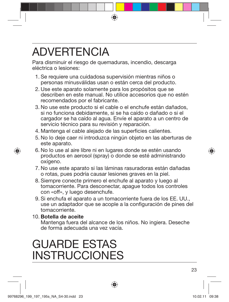 Advertencia, Guarde estas instrucciones | Braun 199s-1 Series 1 User Manual | Page 23 / 30