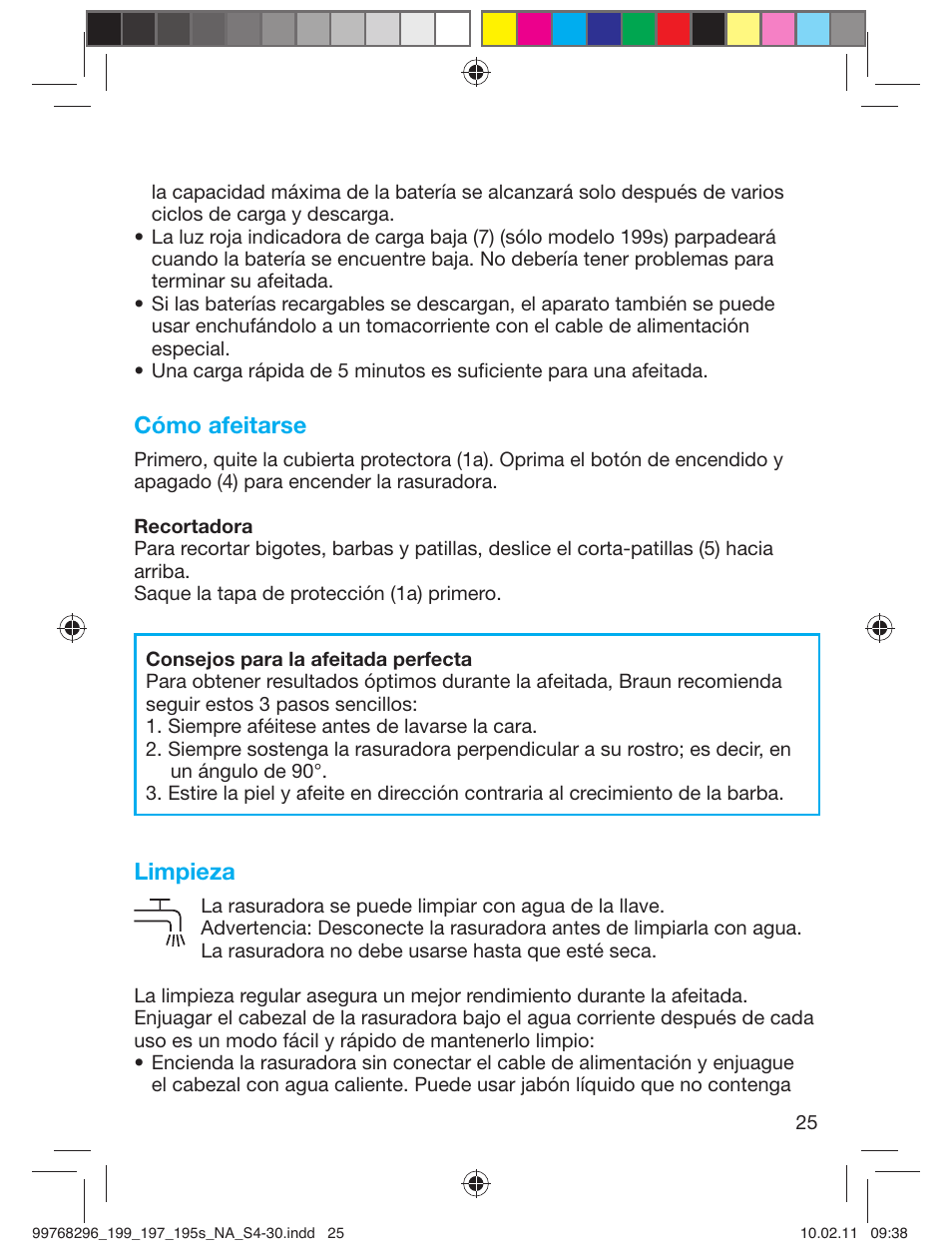 Cómo afeitarse, Limpieza | Braun 199s-1 Series 1 User Manual | Page 25 / 30