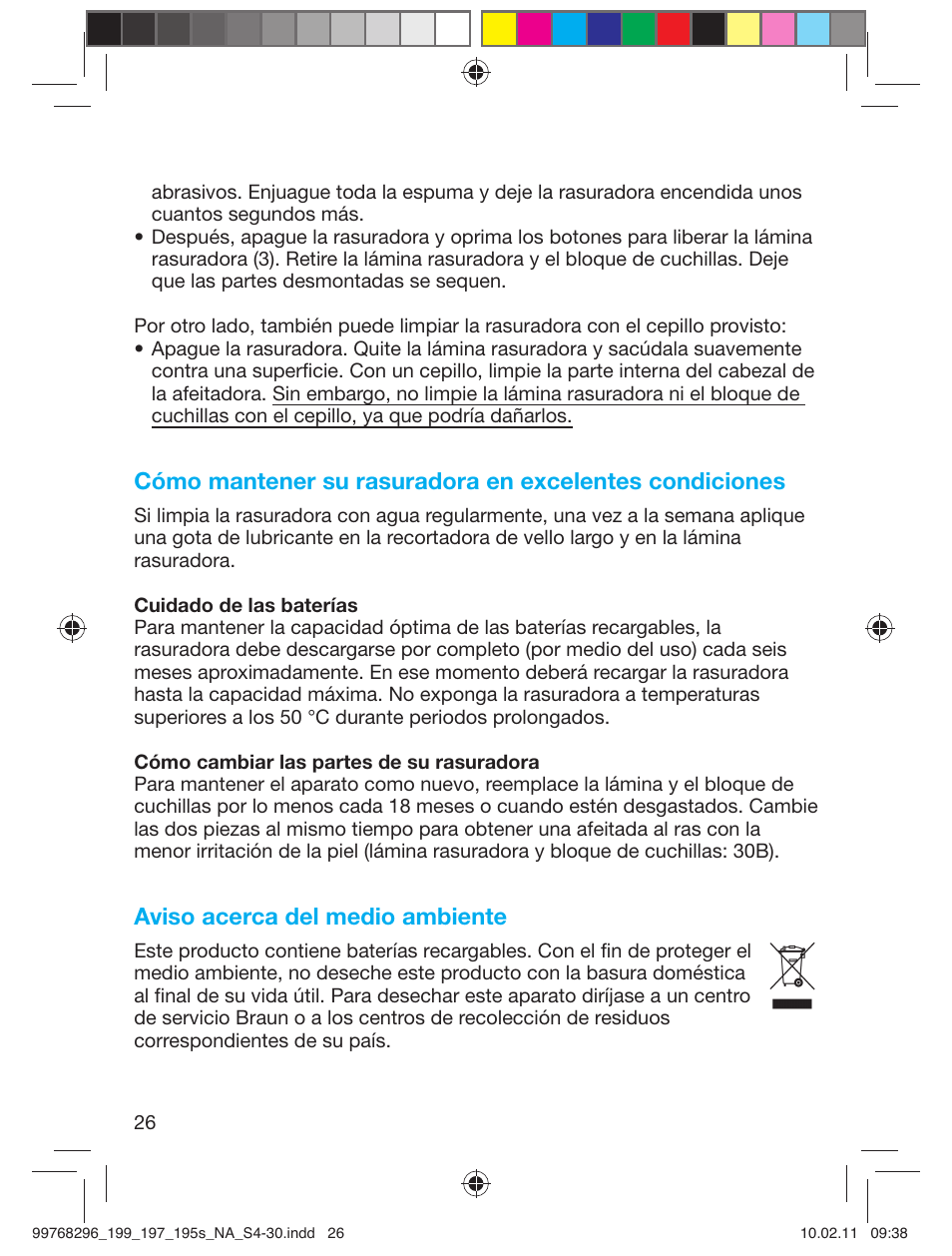 Aviso acerca del medio ambiente | Braun 199s-1 Series 1 User Manual | Page 26 / 30