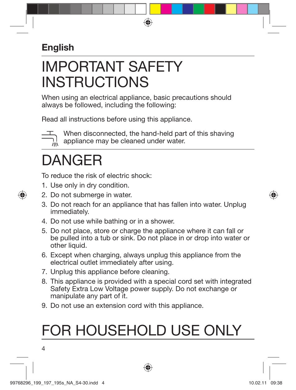 Important safety instructions, Danger, For household use only | English | Braun 199s-1 Series 1 User Manual | Page 4 / 30