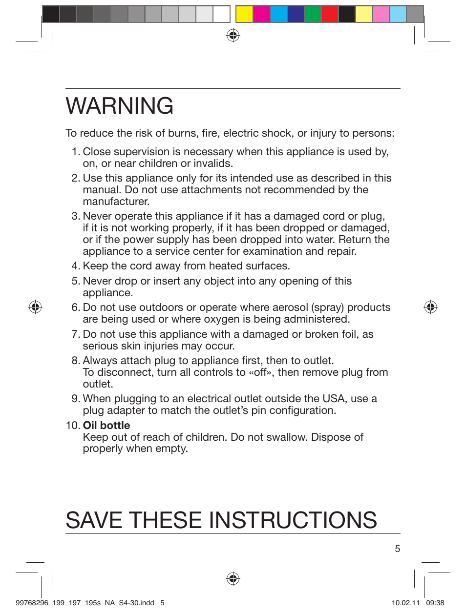 Warning, Save these instructions | Braun 199s-1 Series 1 User Manual | Page 5 / 30