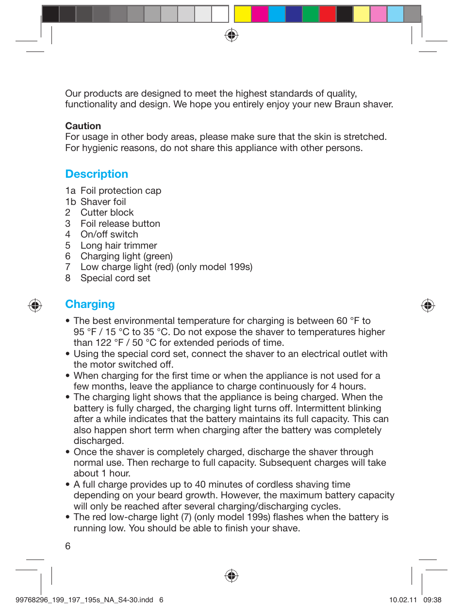 Description, Charging | Braun 199s-1 Series 1 User Manual | Page 6 / 30