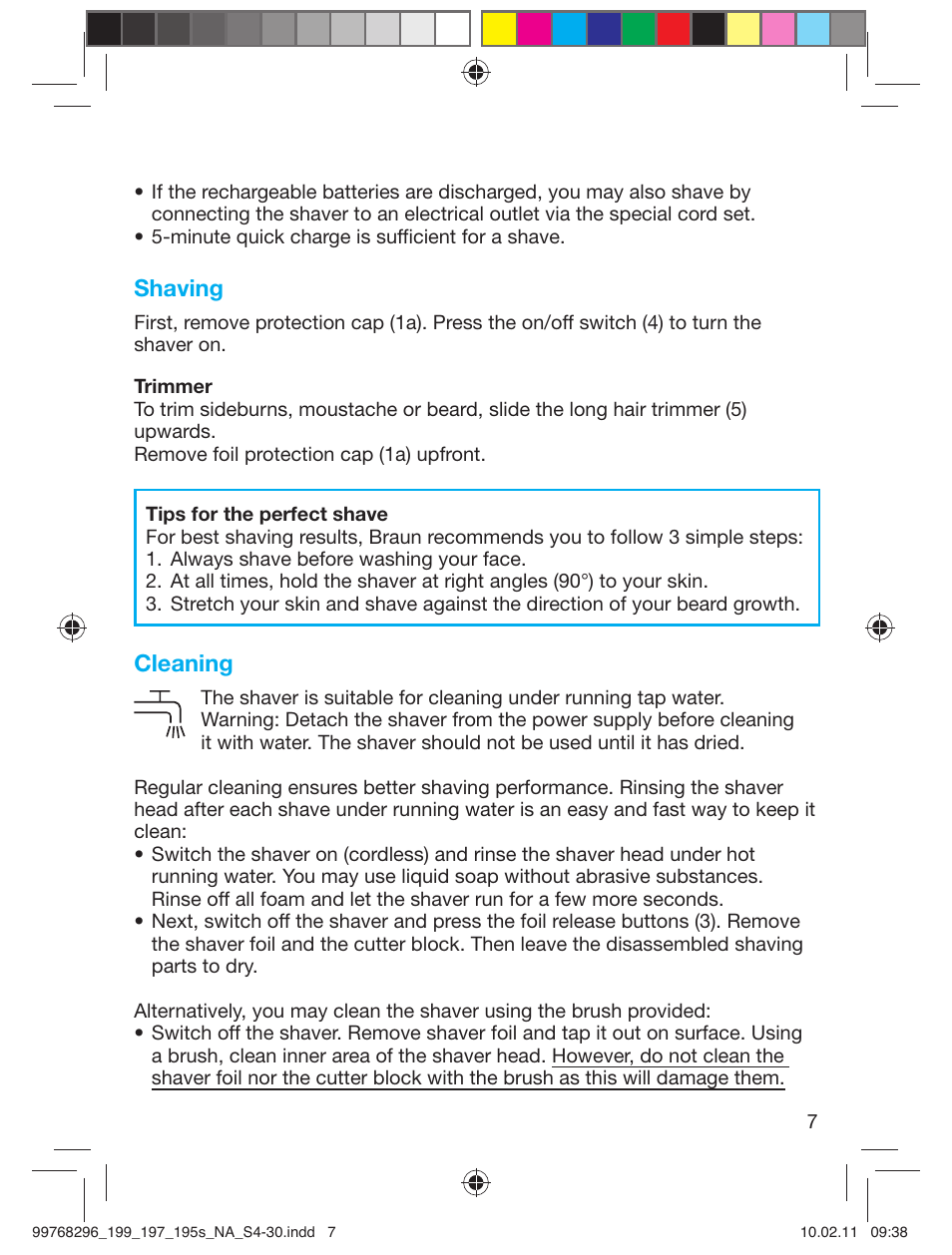 Shaving, Cleaning | Braun 199s-1 Series 1 User Manual | Page 7 / 30