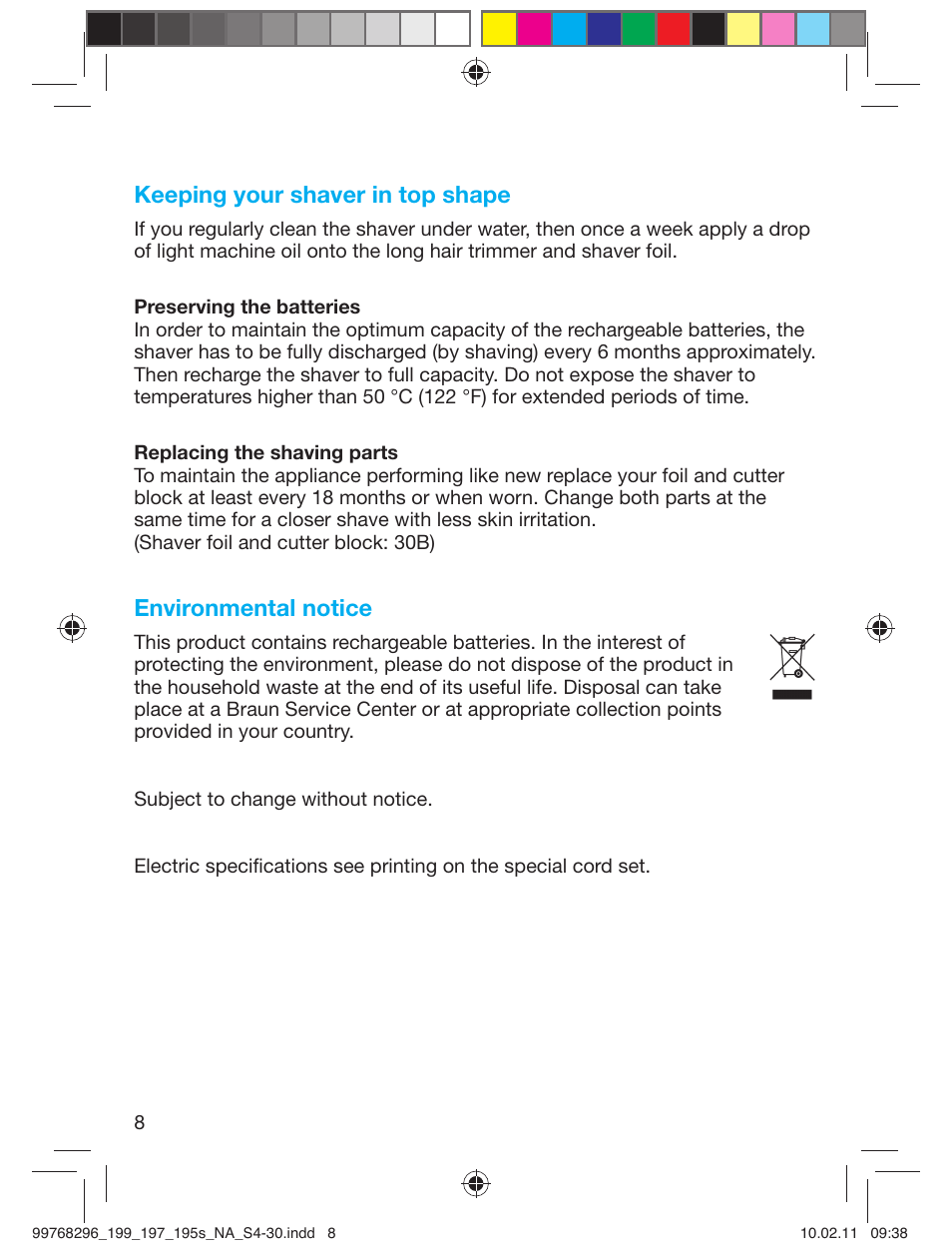 Keeping your shaver in top shape, Environmental notice | Braun 199s-1 Series 1 User Manual | Page 8 / 30