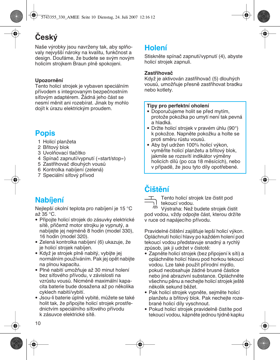 Âesk, Popis, Nabíjení | Holení, Âi‰tûní | Braun 320 Series 3  FR User Manual | Page 10 / 35