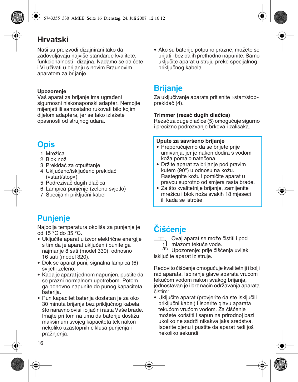 Hrvatski, Opis, Punjenje | Brijanje, Âi‰çenje | Braun 320 Series 3  FR User Manual | Page 16 / 35