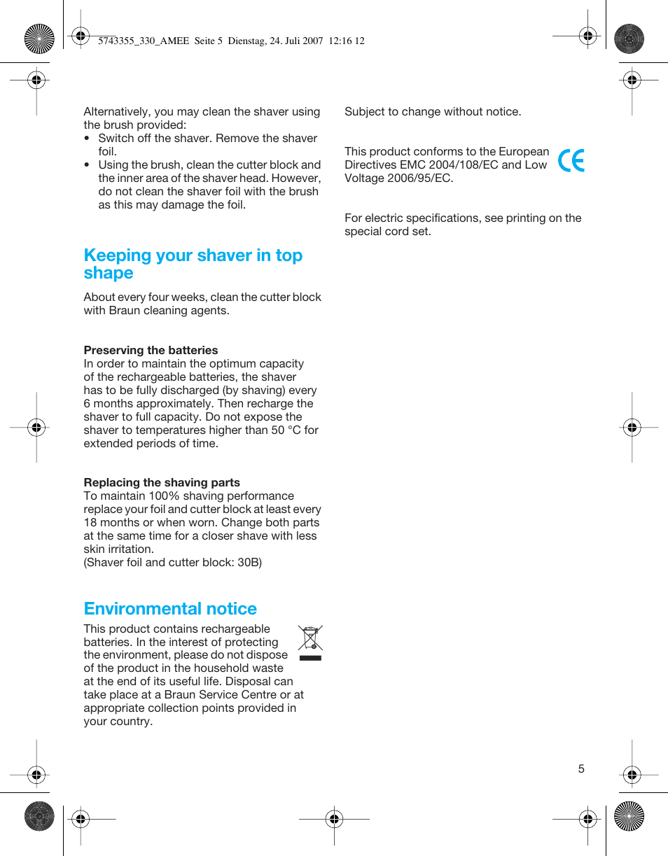 Keeping your shaver in top shape, Environmental notice | Braun 320 Series 3  FR User Manual | Page 5 / 35