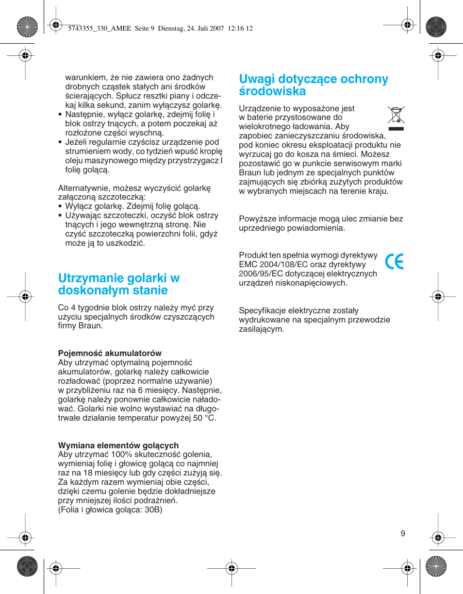 Utrzymanie golarki w doskona∏ym stanie, Uwagi dotyczàce ochrony êrodowiska | Braun 320 Series 3  FR User Manual | Page 9 / 35